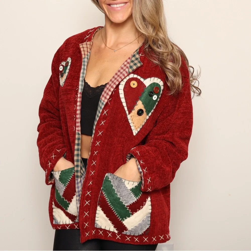FOR BROOKE! VTGRed Patchwork Open Front Coat with Heart Accents and Deep Pockets - Picture 1 of 6